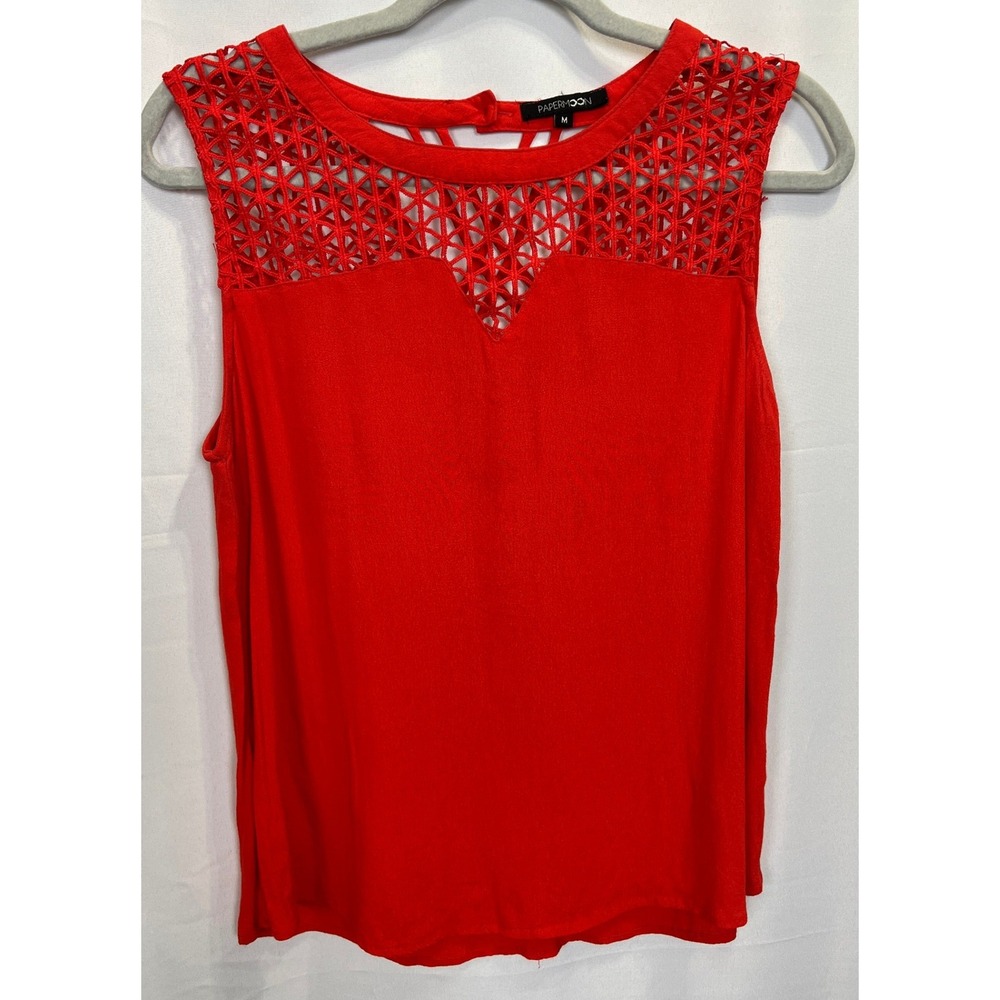Papermoon Womens Red Crochet Lace Strappy Yoke Back Sleeveless Blouse Boho M